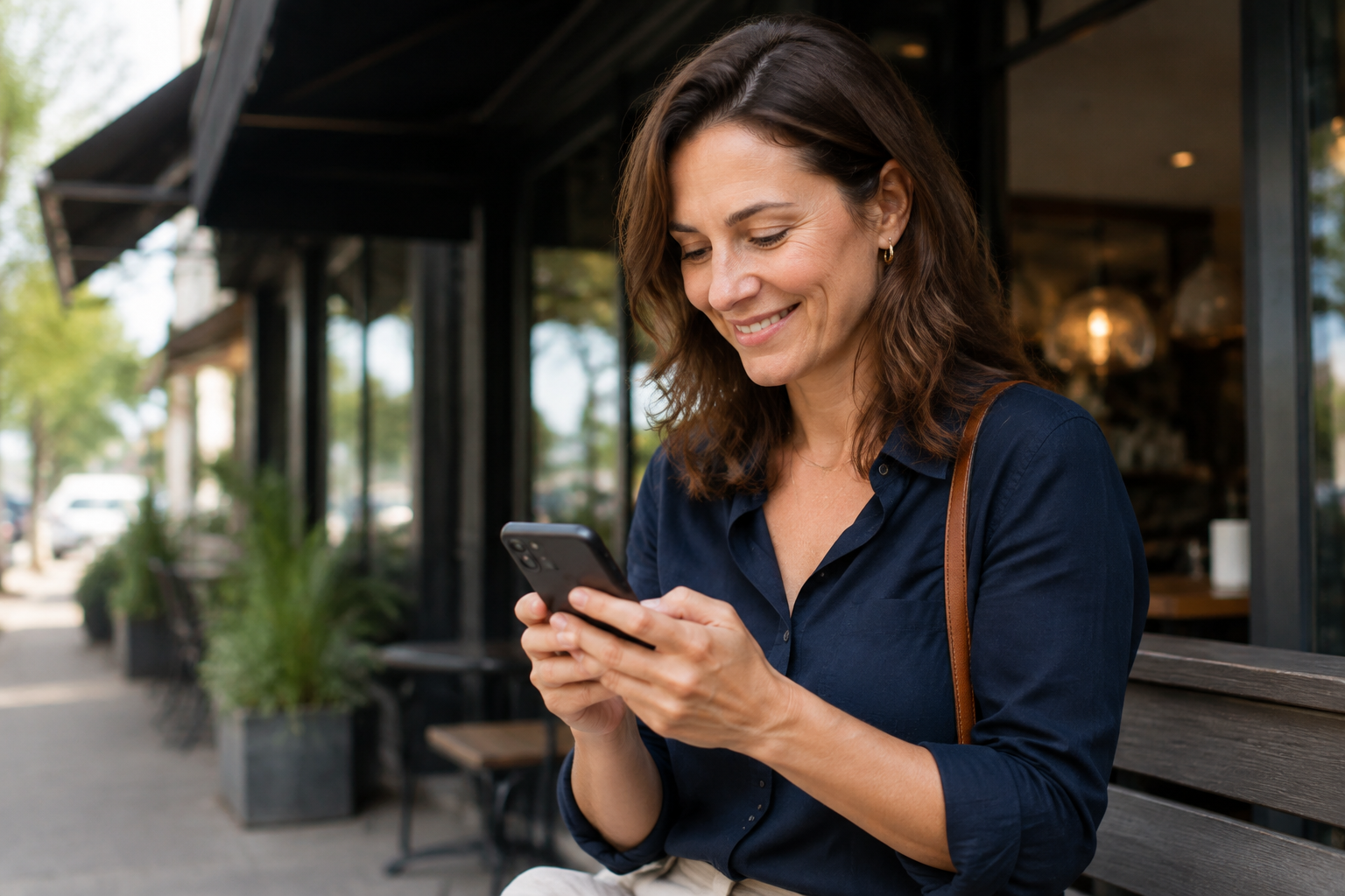 A professional checking her phone during a quiet moment outside a café.